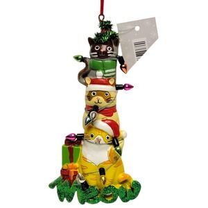 Stacked Cats Christmas Ornament‎ Meow Presents Lights Glitter Holiday Decor